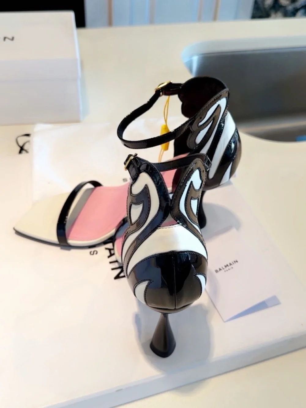 Black & White Sculpted Heel Sandals with Pink Insole - Picture 7 of 7